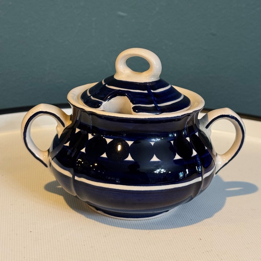 VINTAGE Waechtersbach SUGAR BOWL Spain NAVY BLUE IVORY DOTS STRIPES